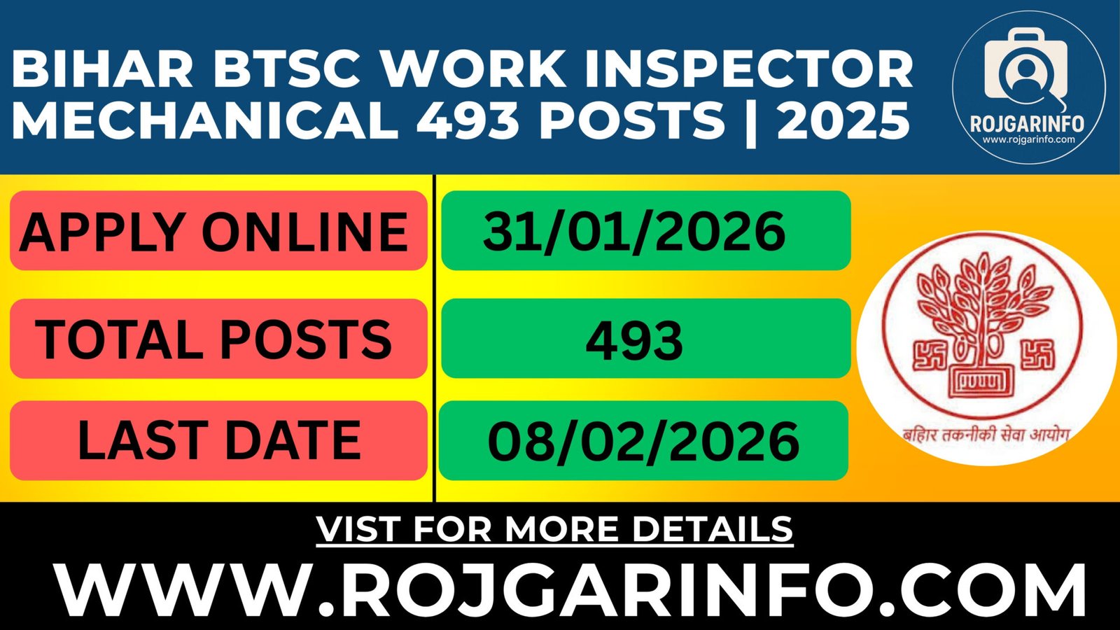 Bihar BTSC Work Inspector Mechanical 493 Posts 2025