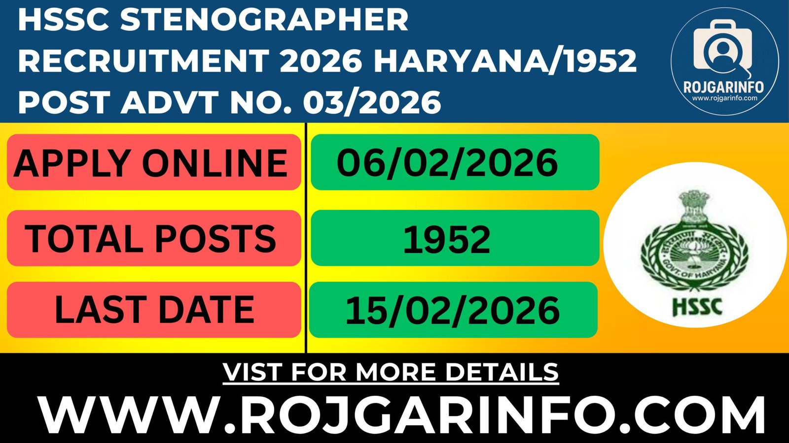 HSSC Stenographer 2026 Haryana Post