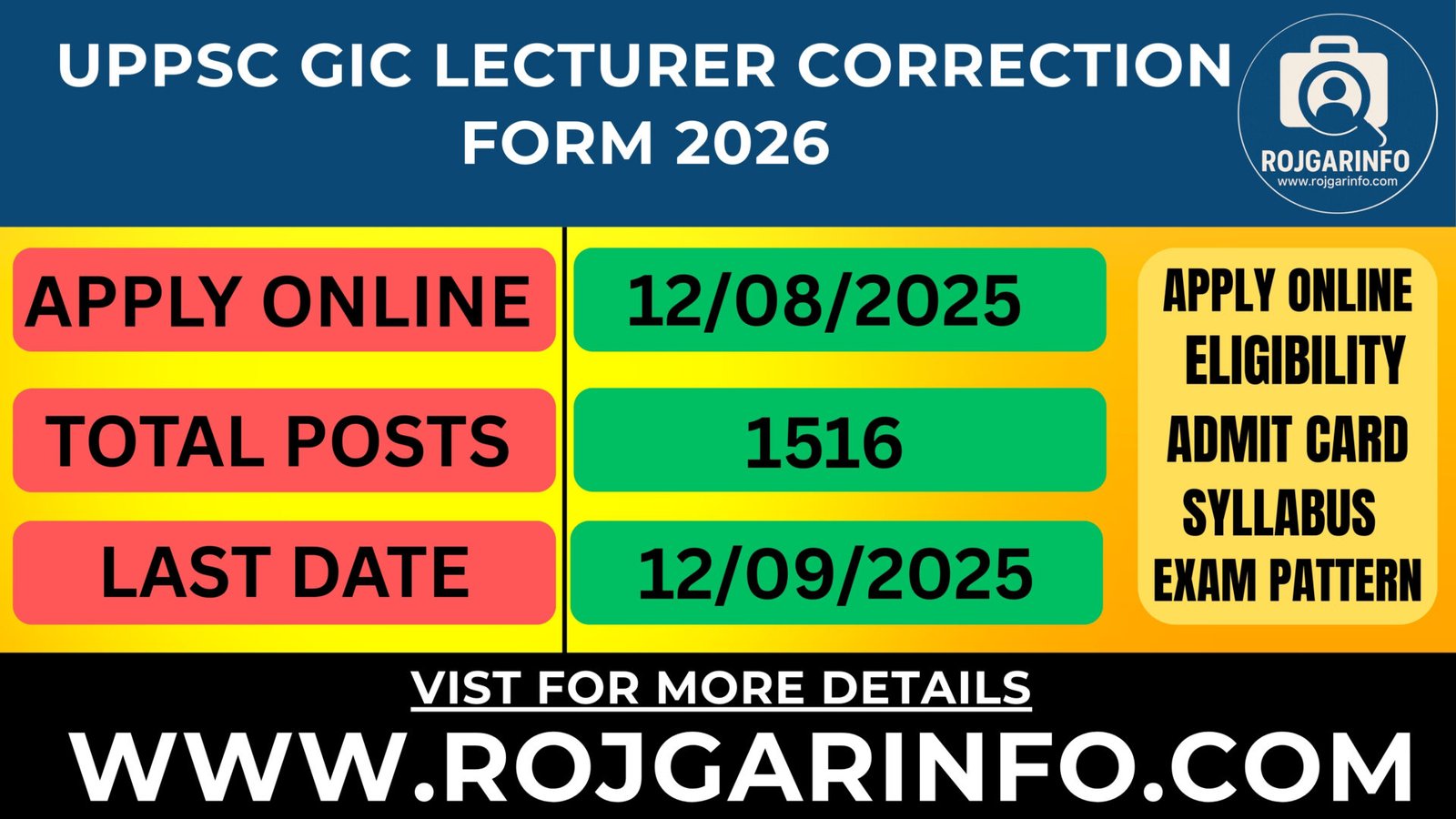 UPPSC GIC Lecturer Correction Form 2026