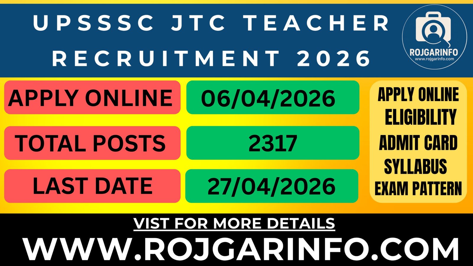 UPSSSC JTC Teacher Recruitment 2026